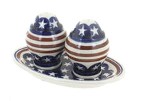 Polish Pottery Stars & Stripes Salt & Pepper Shakers with Dish