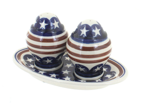 Polish Pottery Stars & Stripes Salt & Pepper Shakers with Dish