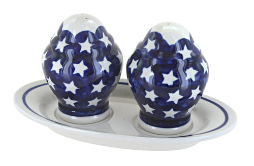 Polish Pottery Stars Salt & Pepper Shakers with Plate