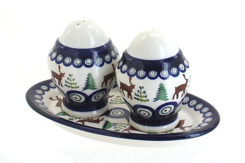 Polish Pottery Reindeer Pine Salt & Pepper Shakers With Plate