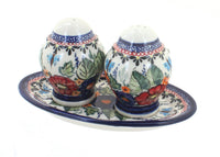 Polish Pottery Floral Butterfly Salt & Pepper Shakers with Dish