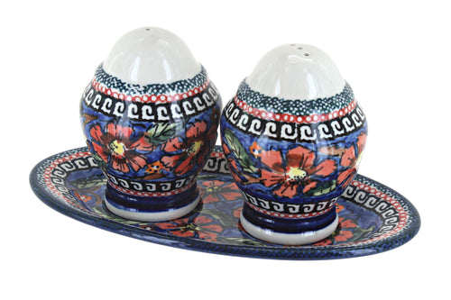 Polish Pottery Jungle Flower Salt & Pepper with Dish