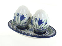 Polish Pottery Blue Tulip Salt & Pepper Shakers with Dish