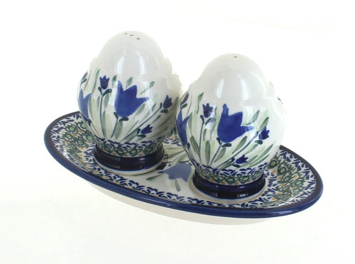Polish Pottery Blue Tulip Salt & Pepper Shakers with Dish