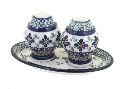 Polish Pottery Mosaic Flower Salt & Pepper Shaker with Dish