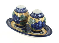Polish Pottery Grapes Salt & Pepper Shakers with Plate
