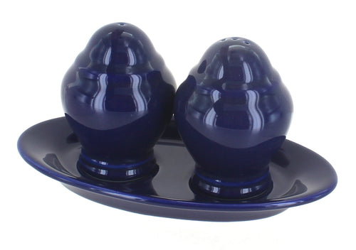 Polish Pottery Cobalt Salt & Pepper Shakers with Plate