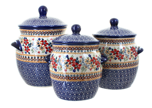 Polish Pottery Red Daisy 3 Piece Canister Set