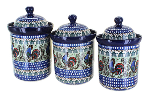 Polish Pottery Rooster Row Canister Set