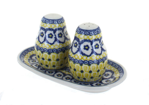 Polish Pottery Saffron Salt & Pepper Shakers with Tray