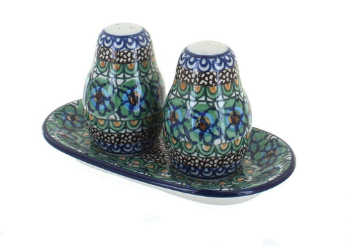 Polish Pottery Mardi Gras Salt & Pepper Shaker with Tray