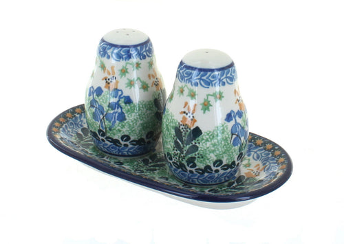 Polish Pottery Lily of the Valley Salt & Pepper Shakers with Tray