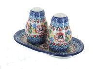 Polish Pottery Hummingbird Salt & Pepper Shakers with Tray