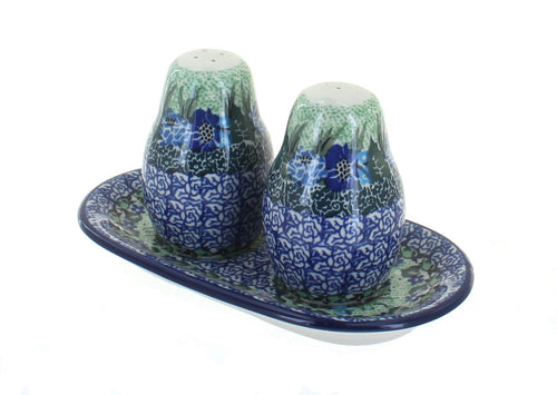 Polish Pottery Sapphire Fields Salt & Pepper Shakers with Tray