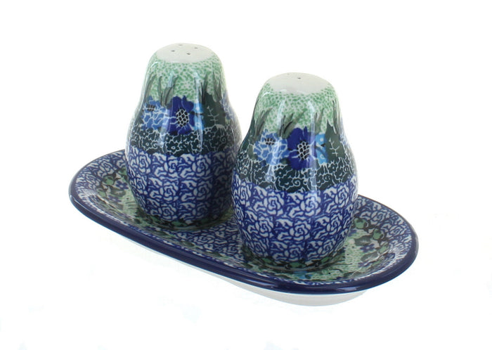 Polish Pottery Sapphire Fields Salt & Pepper Shakers with Tray