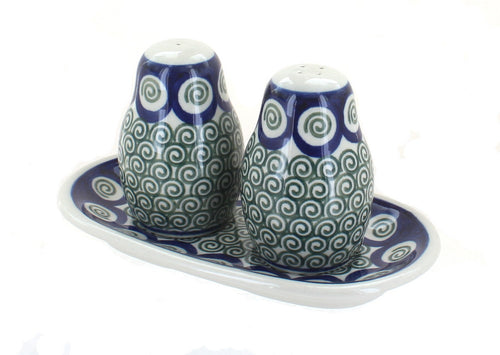 Polish Pottery Peacock Swirl Salt & Pepper Shakers with Tray
