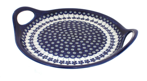 Polish Pottery Flowering Peacock Round Serving Tray with Handles