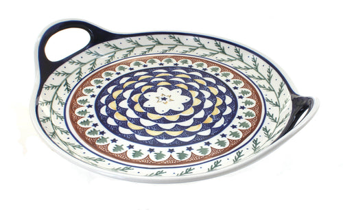 Polish Pottery Evergreen Round Tray with Handles