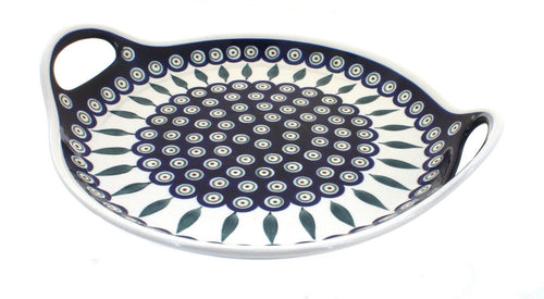 Polish Pottery Peacock Round Serving Tray w/Handles