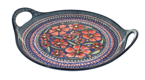 Polish Pottery Jungle Flower Round Serving Tray with Handles