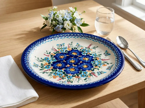 A round ceramic plate with a traditional Polish floral pattern in blue, yellow, and green, set on a light wood dining table next to a folded white napkin, silver spoon, glass of water, and a small flower bouquet.