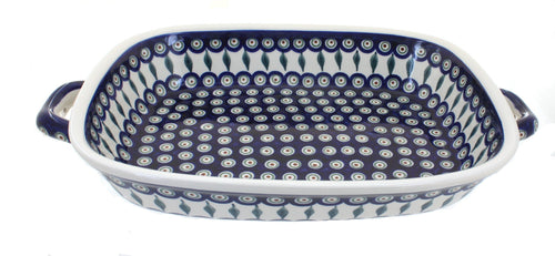 Polish Pottery Peacock Large Baker with Handles