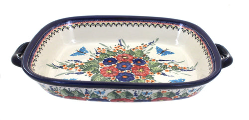 Polish Pottery Floral Butterfly Large Baker with Handles