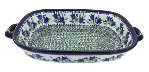 Polish Pottery Blue Tulip Large Baker with Handles