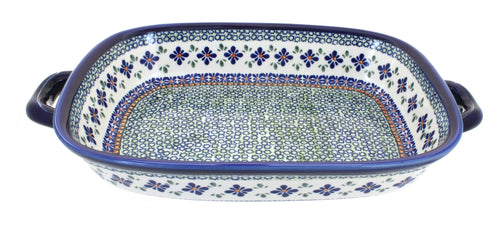 Polish Pottery Mosaic Flower Large Baker with Handles