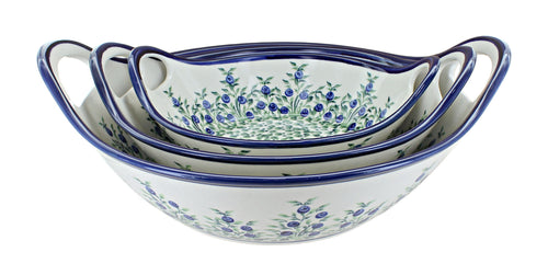 Polish Pottery Porcelain Vine Serving Bowl Set with Handles