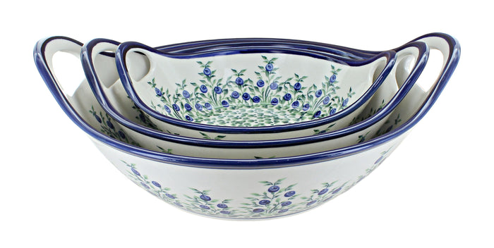 Polish Pottery Porcelain Vine Serving Bowl Set with Handles