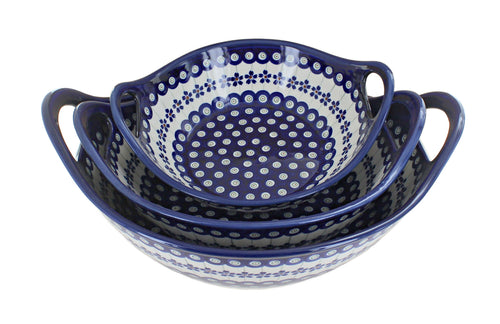 Polish Pottery Flowering Peacock Serving Bowl Set with Handles