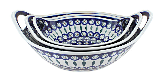 Polish Pottery Peacock Serving Bowl Set with Handles