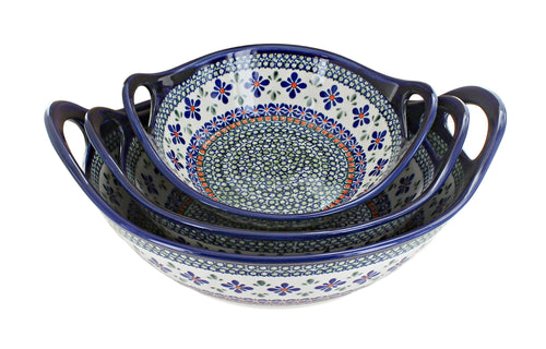 Polish Pottery Mosaic Flower Serving Bowl Set with Handles