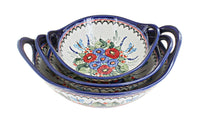 Polish Pottery Floral Butterfly Serving Bowl Set with Handles