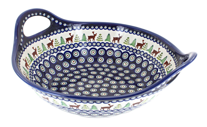 Polish Pottery Reindeer Pine Deep Bowl with Handles