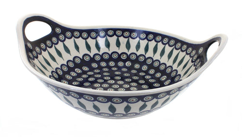 Polish Pottery Peacock Deep Bowl with Handles