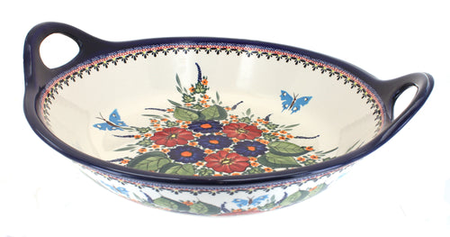 Polish Pottery Floral Butterfly Large Deep Bowl with Handles