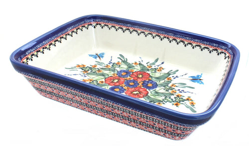 Polish Pottery Floral Butterfly Large Deep Baker