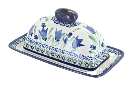 Polish Pottery Blue Tulip Butter Dish
