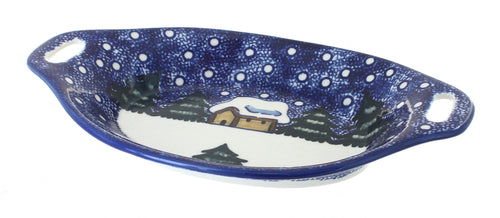Polish Pottery Winter Forest Oval Dish with Handles