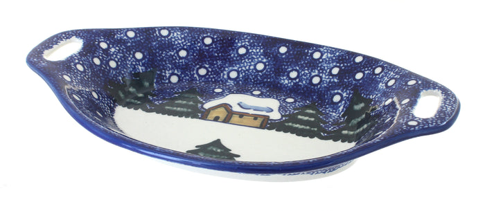 Polish Pottery Winter Forest Oval Dish with Handles