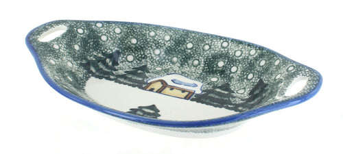 Polish Pottery Winter Forest Oval Dish with Handles - Green