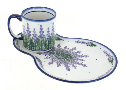 Polish Pottery Lavender Fields Oval Breakfast Plate & Mug Set