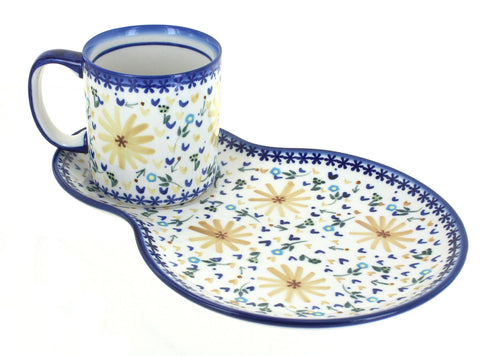 Polish Pottery Yellow Daisy Oval Breakfast Plate & Mug Set