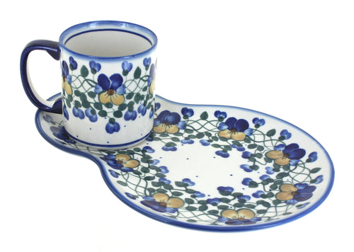 Polish Pottery Pansies Oval Breakfast Plate & Mug Set