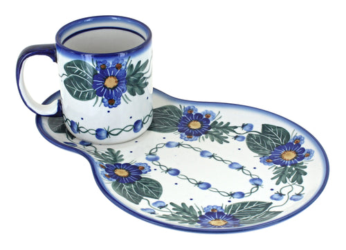 Polish Pottery Forget Me Not Oval Breakfast Plate & Mug Set