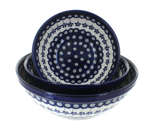 Polish Pottery Flowering Peacock 3 Piece Serving Bowl Set
