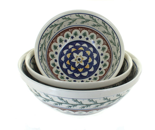 Polish Pottery Evergreen 3 Piece Serving Bowl Set