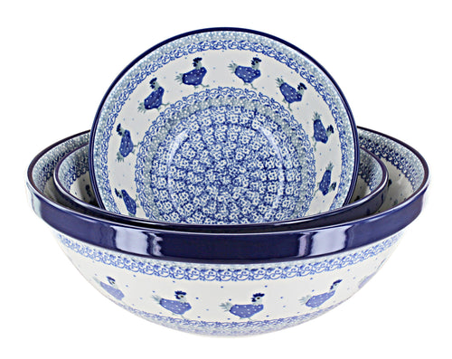 Polish Pottery Barnyard Rooster 3 Piece Serving Bowl Set